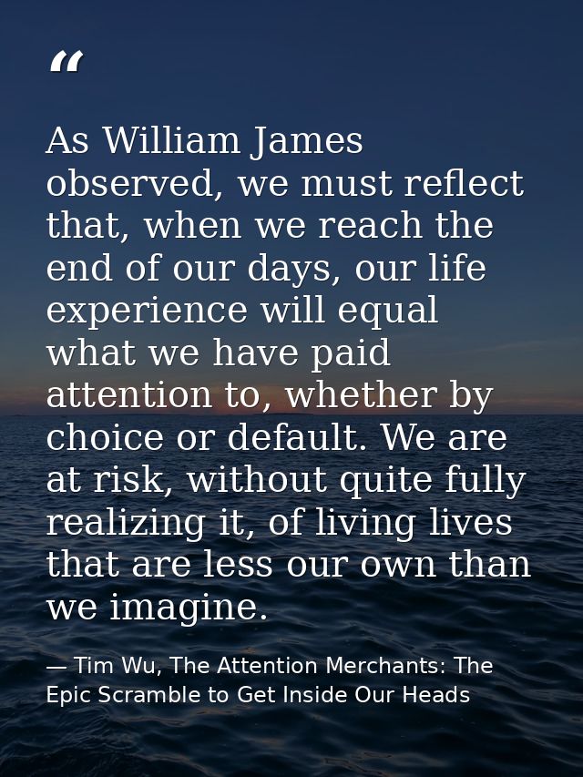 As William James observed, we must reflect that, when we reach the end of our days, our life experience will equal what  — Tim Wu, The Attention Merchants: The Epic Scramble to Get Inside Our Heads