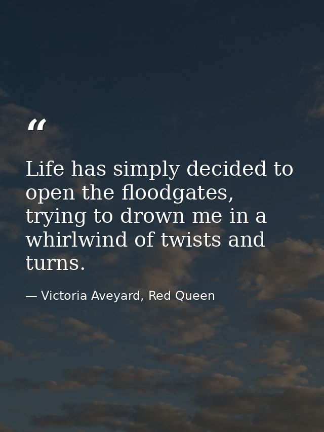 Life has simply decided to open the floodgates, trying to drown me in a whirlwind of twists and turns. — Victoria Aveyard, Red Queen