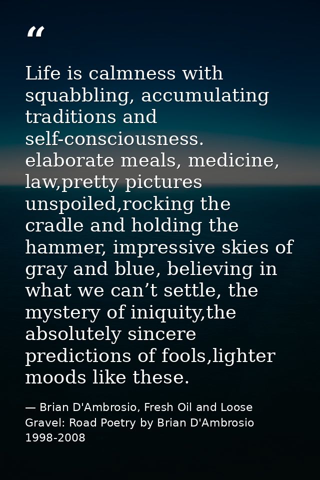 Life is calmness with squabbling, accumulating traditions and self-consciousness. elaborate meals, medicine, law,pretty  — Brian D'Ambrosio, Fresh Oil and Loose Gravel: Road Poetry by Brian D'Ambrosio 1998-2008