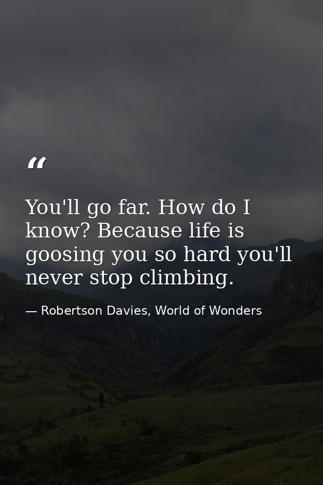 You'll go far. How do I know? Because life is goosing you so hard you'll never stop climbing. — Robertson Davies, World of Wonders