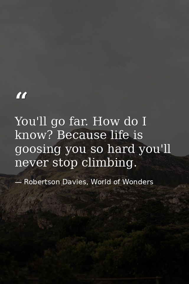 You'll go far. How do I know? Because life is goosing you so hard you'll never stop climbing. — Robertson Davies, World of Wonders