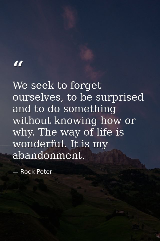 We seek to forget ourselves, to be surprised and to do something without knowing how or why. The way of life is wonderfu — Rock Peter