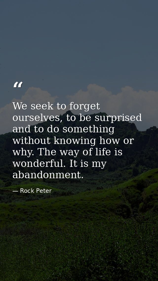 We seek to forget ourselves, to be surprised and to do something without knowing how or why. The way of life is wonderfu — Rock Peter