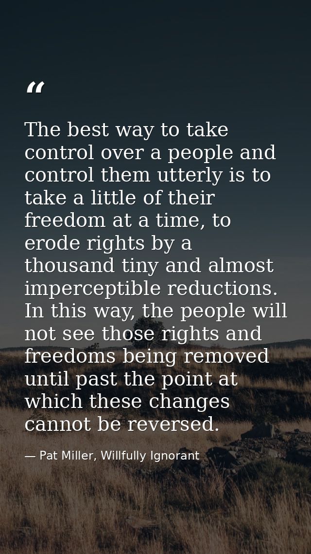 The best way to take control over a people and control them utterly is to take a little of their freedom at a time, to e — Pat Miller, Willfully Ignorant