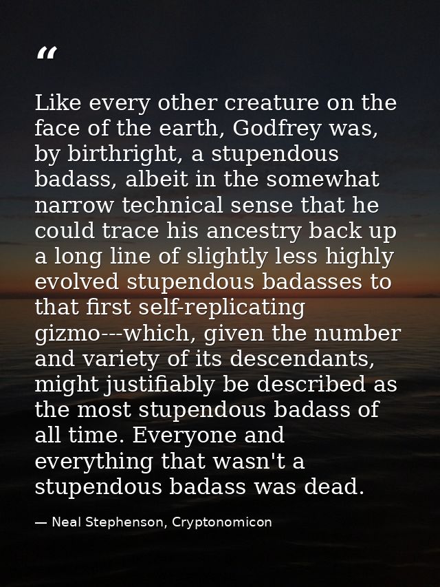 Like every other creature on the face of the earth, Godfrey was, by birthright, a stupendous badass, albeit in the somew — Neal Stephenson, Cryptonomicon