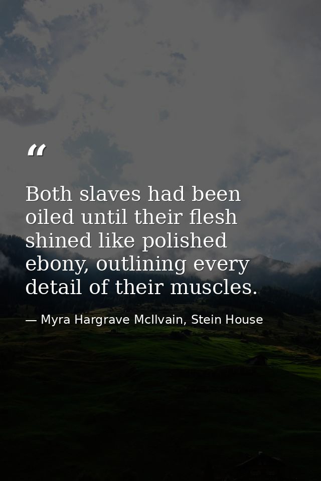 Both slaves had been oiled until their flesh shined like polished ebony, outlining every detail of their muscles. — Myra Hargrave McIlvain, Stein House