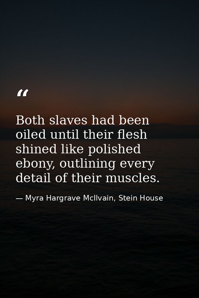 Both slaves had been oiled until their flesh shined like polished ebony, outlining every detail of their muscles. — Myra Hargrave McIlvain, Stein House