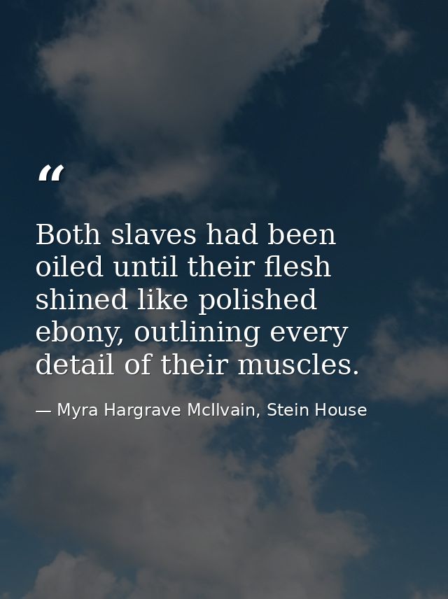 Both slaves had been oiled until their flesh shined like polished ebony, outlining every detail of their muscles. — Myra Hargrave McIlvain, Stein House