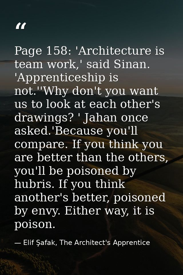 Page 158: 'Architecture is team work,' said Sinan. 'Apprenticeship is not.''Why don't you want us to look at each other' — Elif Şafak, The Architect's Apprentice