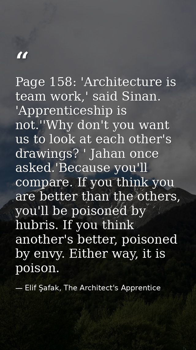 Page 158: 'Architecture is team work,' said Sinan. 'Apprenticeship is not.''Why don't you want us to look at each other' — Elif Şafak, The Architect's Apprentice
