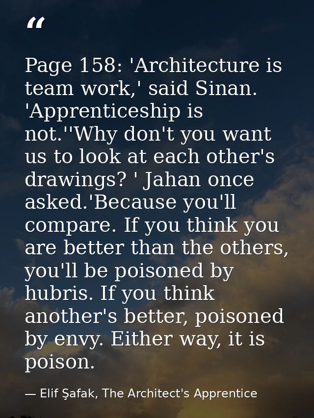 Page 158: 'Architecture is team work,' said Sinan. 'Apprenticeship is not.''Why don't you want us to look at each other' — Elif Şafak, The Architect's Apprentice