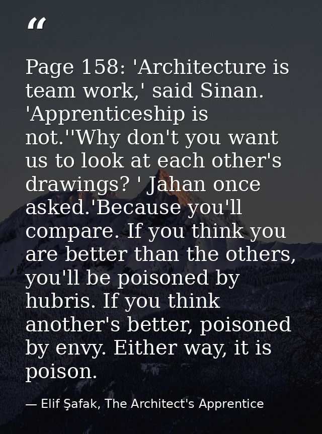 Page 158: 'Architecture is team work,' said Sinan. 'Apprenticeship is not.''Why don't you want us to look at each other' — Elif Şafak, The Architect's Apprentice