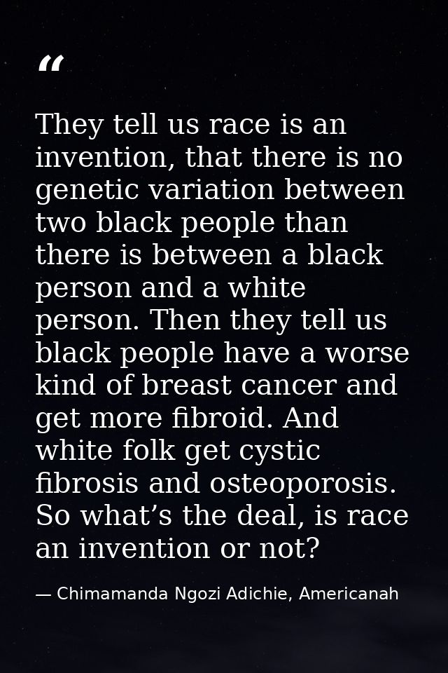 They tell us race is an invention, that there is no genetic variation between two black people than there is between a b — Chimamanda Ngozi Adichie, Americanah