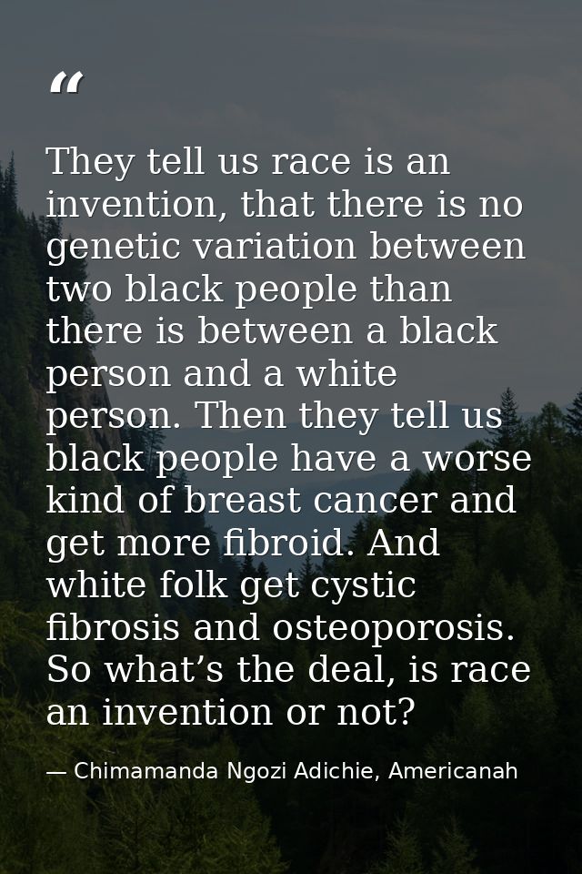 They tell us race is an invention, that there is no genetic variation between two black people than there is between a b — Chimamanda Ngozi Adichie, Americanah