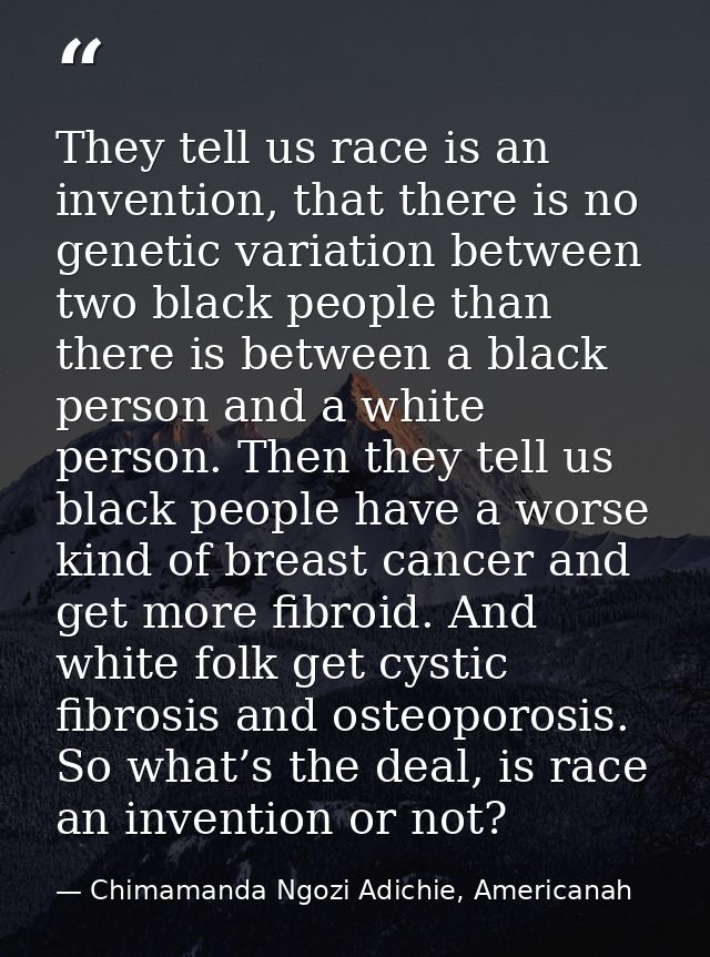 They tell us race is an invention, that there is no genetic variation between two black people than there is between a b — Chimamanda Ngozi Adichie, Americanah