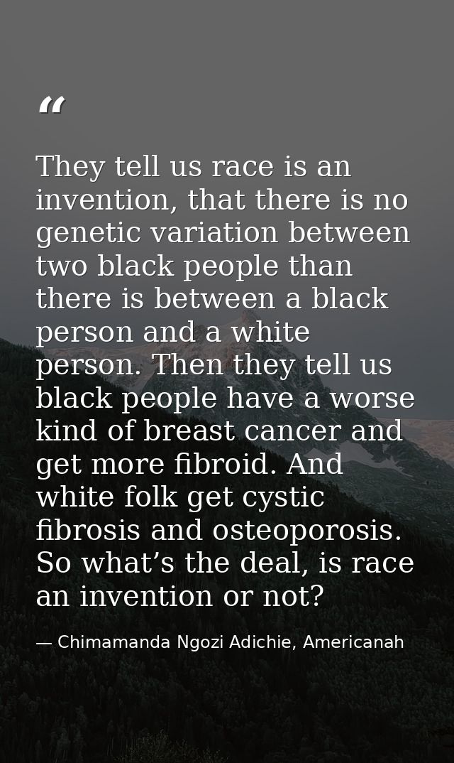 They tell us race is an invention, that there is no genetic variation between two black people than there is between a b — Chimamanda Ngozi Adichie, Americanah