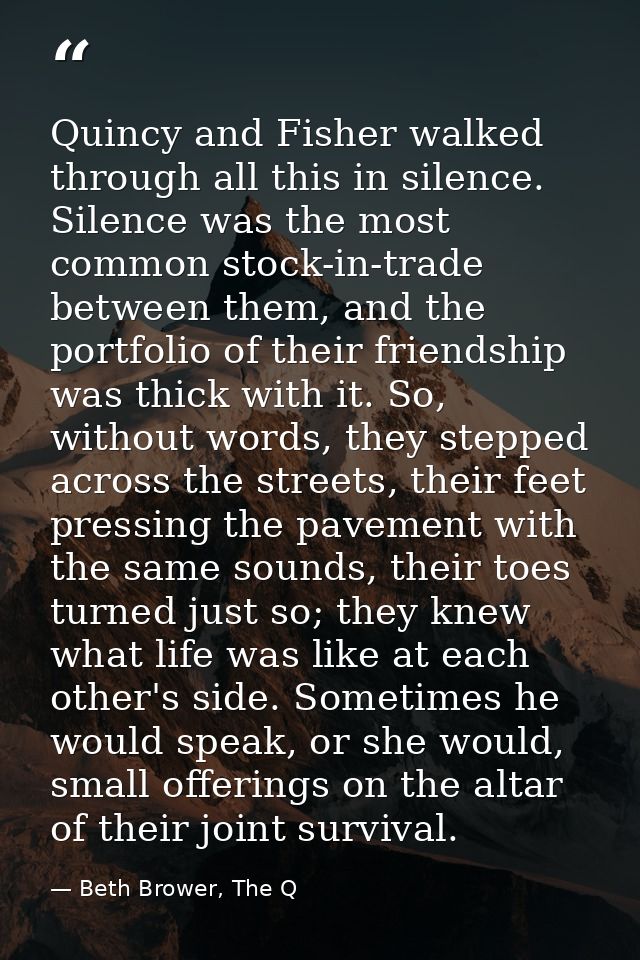 Quincy and Fisher walked through all this in silence. Silence was the most common stock-in-trade between them, and the p — Beth Brower, The Q