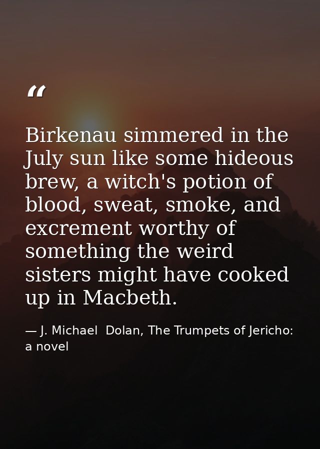 Birkenau simmered in the July sun like some hideous brew, a witch's potion of blood, sweat, smoke, and excrement worthy  — J. Michael  Dolan, The Trumpets of Jericho: a novel