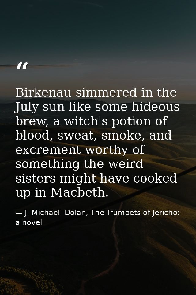 Birkenau simmered in the July sun like some hideous brew, a witch's potion of blood, sweat, smoke, and excrement worthy  — J. Michael  Dolan, The Trumpets of Jericho: a novel