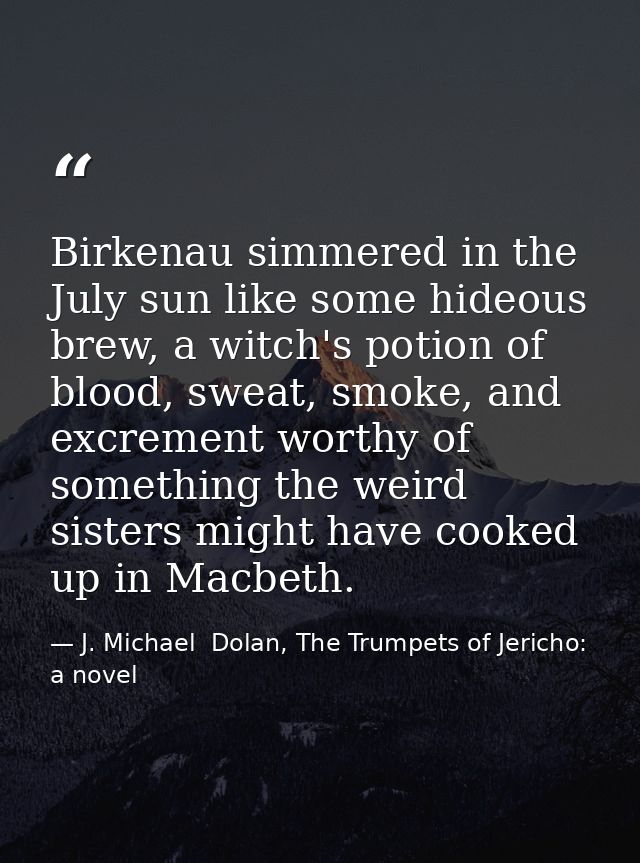Birkenau simmered in the July sun like some hideous brew, a witch's potion of blood, sweat, smoke, and excrement worthy  — J. Michael  Dolan, The Trumpets of Jericho: a novel
