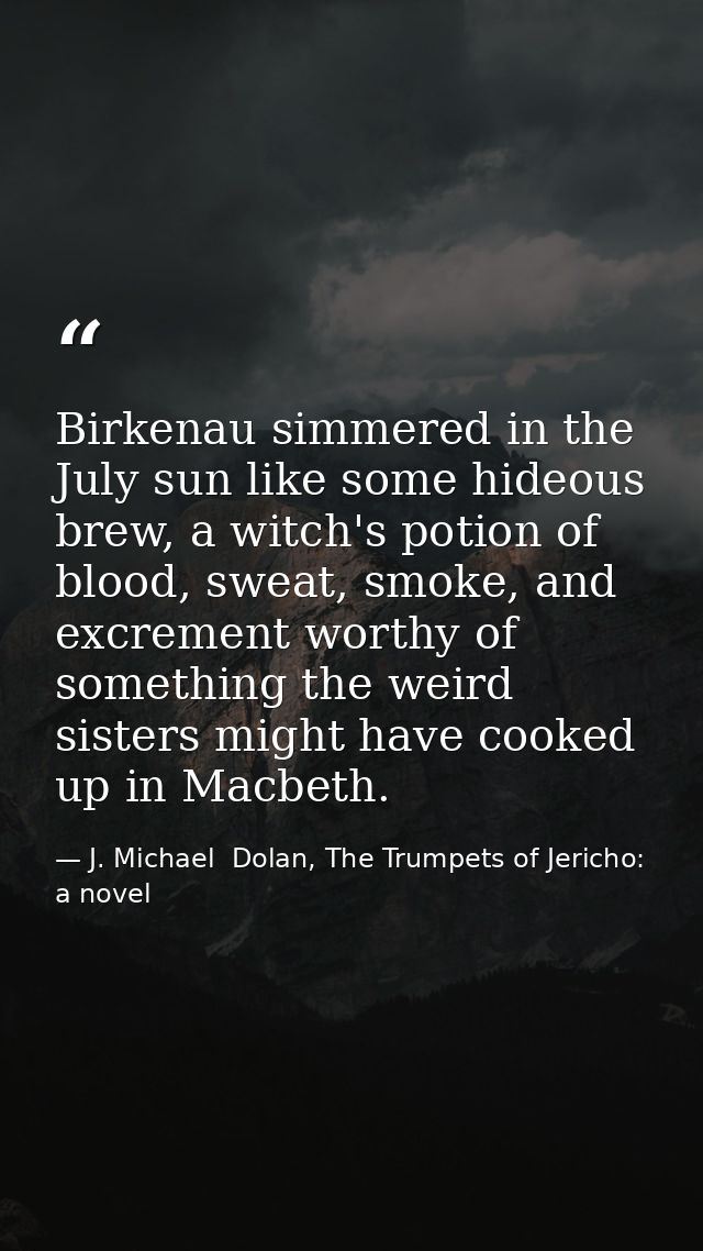 Birkenau simmered in the July sun like some hideous brew, a witch's potion of blood, sweat, smoke, and excrement worthy  — J. Michael  Dolan, The Trumpets of Jericho: a novel