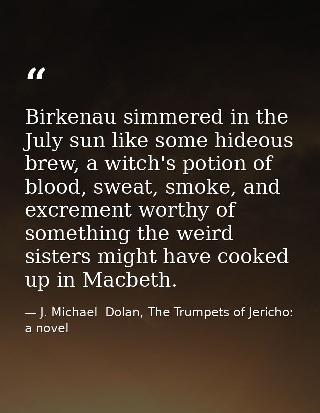 Birkenau simmered in the July sun like some hideous brew, a witch's potion of blood, sweat, smoke, and excrement worthy  — J. Michael  Dolan, The Trumpets of Jericho: a novel