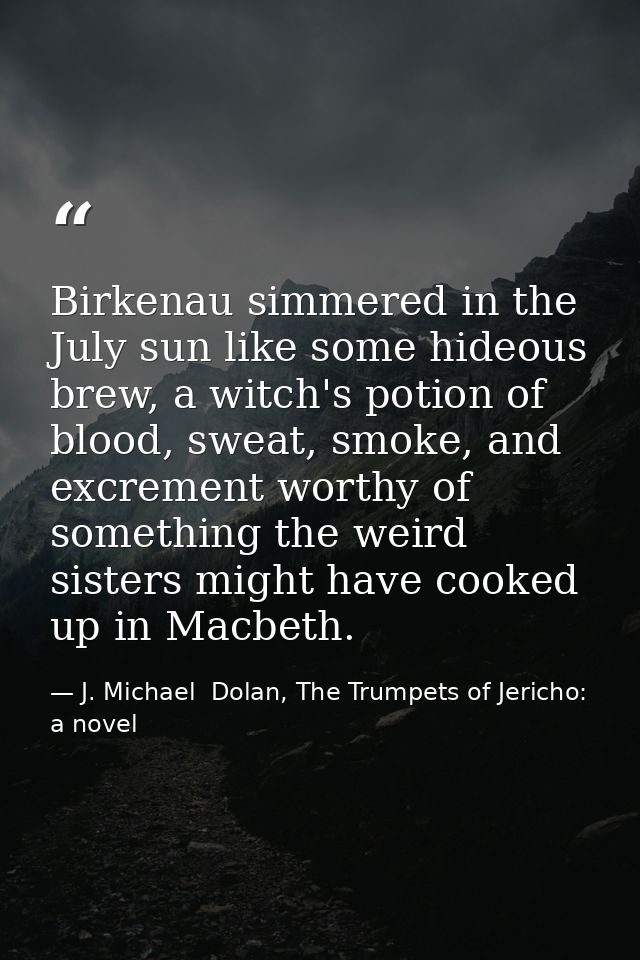 Birkenau simmered in the July sun like some hideous brew, a witch's potion of blood, sweat, smoke, and excrement worthy  — J. Michael  Dolan, The Trumpets of Jericho: a novel