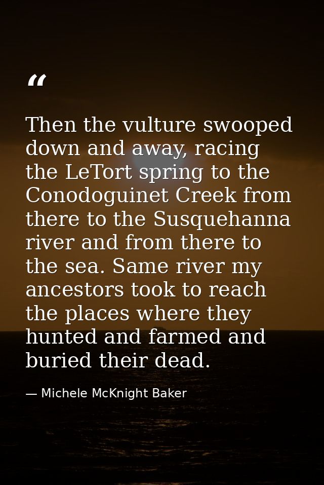 Then the vulture swooped down and away, racing the LeTort spring to the Conodoguinet Creek from there to the Susquehanna — Michele McKnight Baker