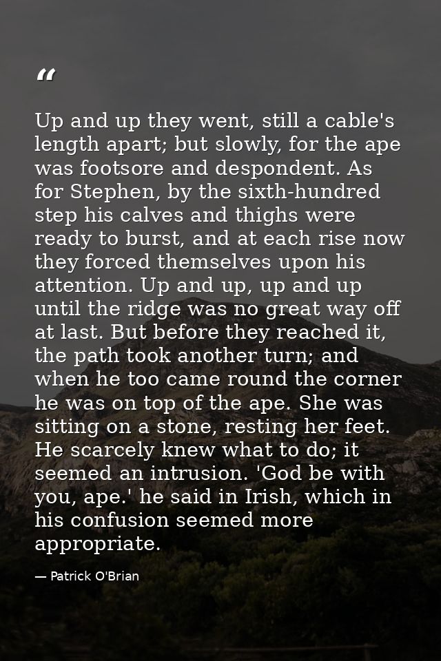 Up and up they went, still a cable's length apart; but slowly, for the ape was footsore and despondent. As for Stephen,  — Patrick O'Brian