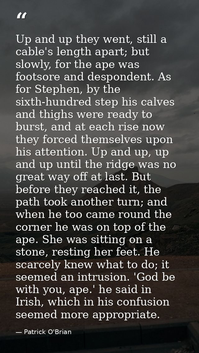 Up and up they went, still a cable's length apart; but slowly, for the ape was footsore and despondent. As for Stephen,  — Patrick O'Brian