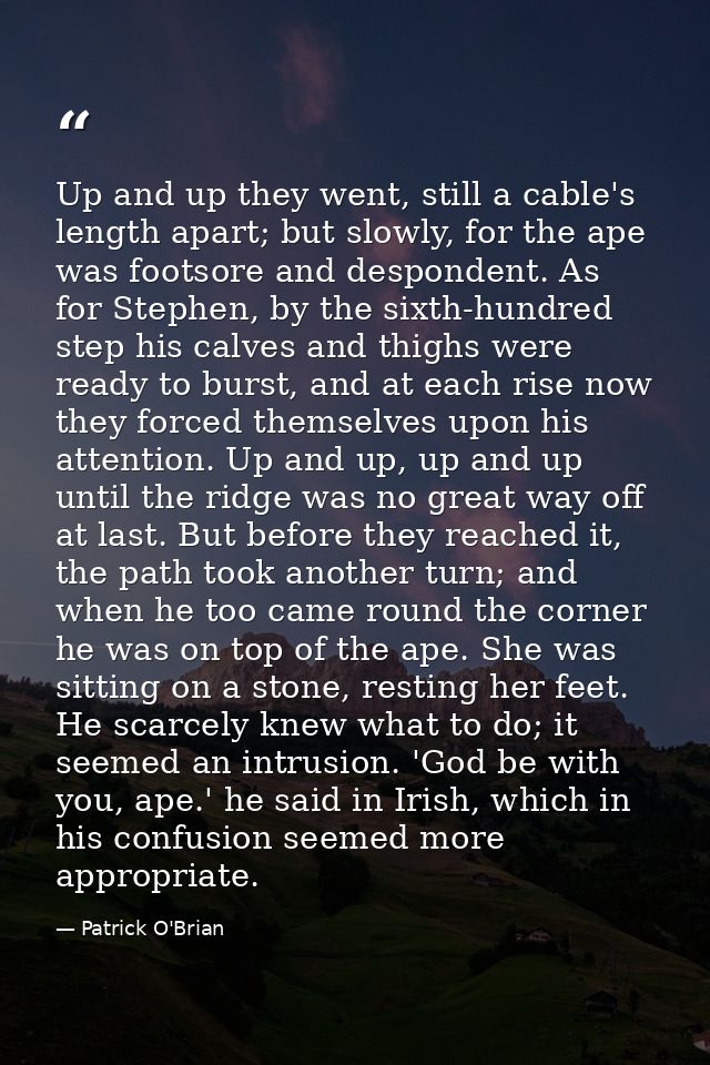 Up and up they went, still a cable's length apart; but slowly, for the ape was footsore and despondent. As for Stephen,  — Patrick O'Brian
