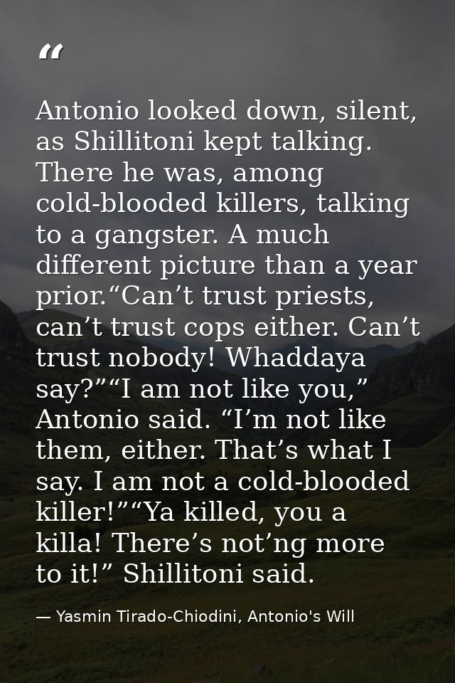 Antonio looked down, silent, as Shillitoni kept talking. There he was, among cold-blooded killers, talking to a gangster — Yasmin Tirado-Chiodini, Antonio's Will