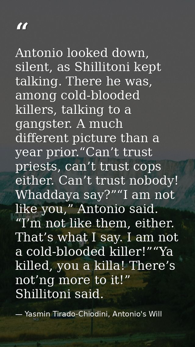Antonio looked down, silent, as Shillitoni kept talking. There he was, among cold-blooded killers, talking to a gangster — Yasmin Tirado-Chiodini, Antonio's Will