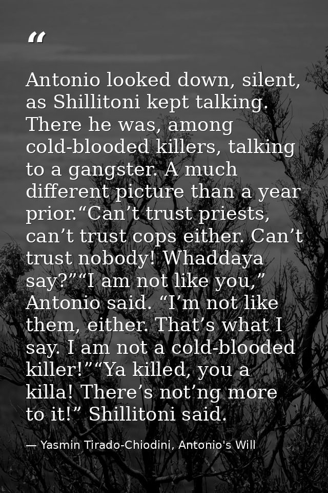Antonio looked down, silent, as Shillitoni kept talking. There he was, among cold-blooded killers, talking to a gangster — Yasmin Tirado-Chiodini, Antonio's Will