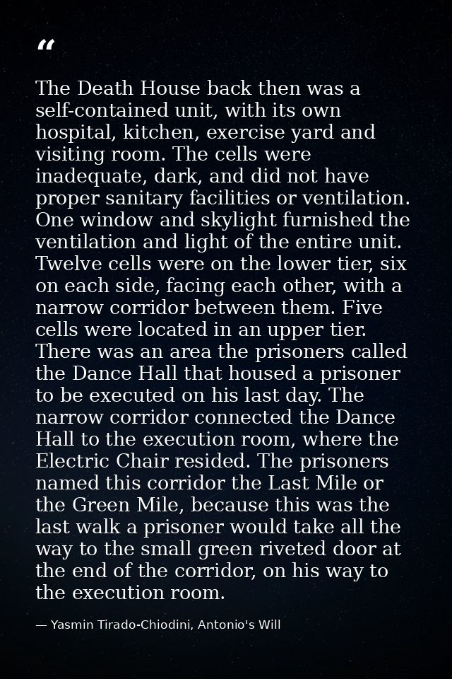 The Death House back then was a self-contained unit, with its own hospital, kitchen, exercise yard and visiting room. Th — Yasmin Tirado-Chiodini, Antonio's Will