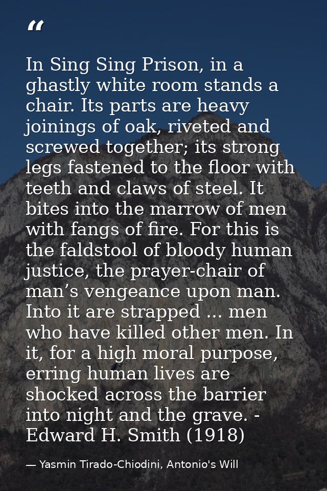 In Sing Sing Prison, in a ghastly white room stands a chair. Its parts are heavy joinings of oak, riveted and screwed to — Yasmin Tirado-Chiodini, Antonio's Will