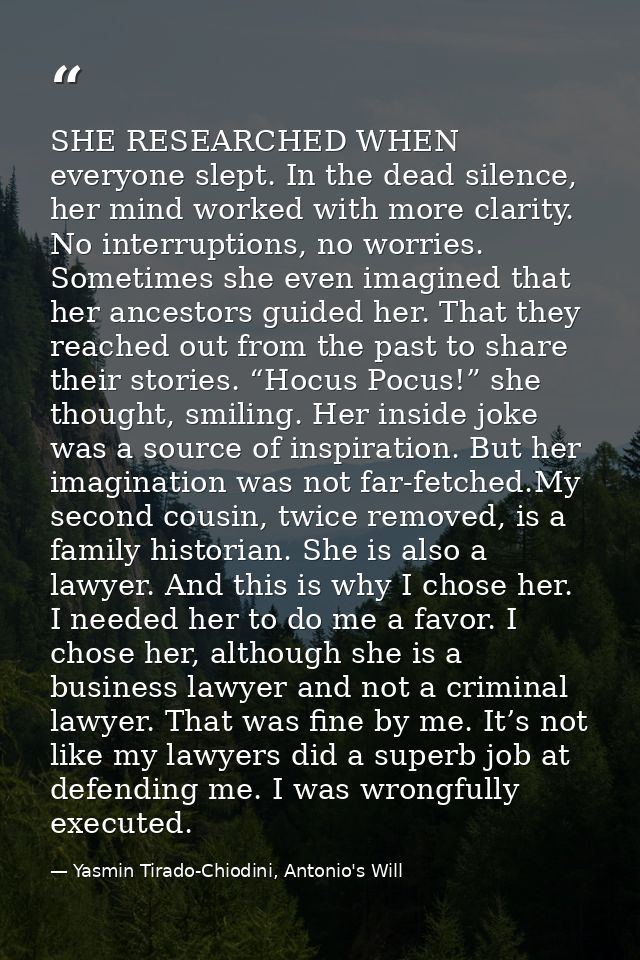 SHE RESEARCHED WHEN everyone slept. In the dead silence, her mind worked with more clarity. No interruptions, no worries — Yasmin Tirado-Chiodini, Antonio's Will