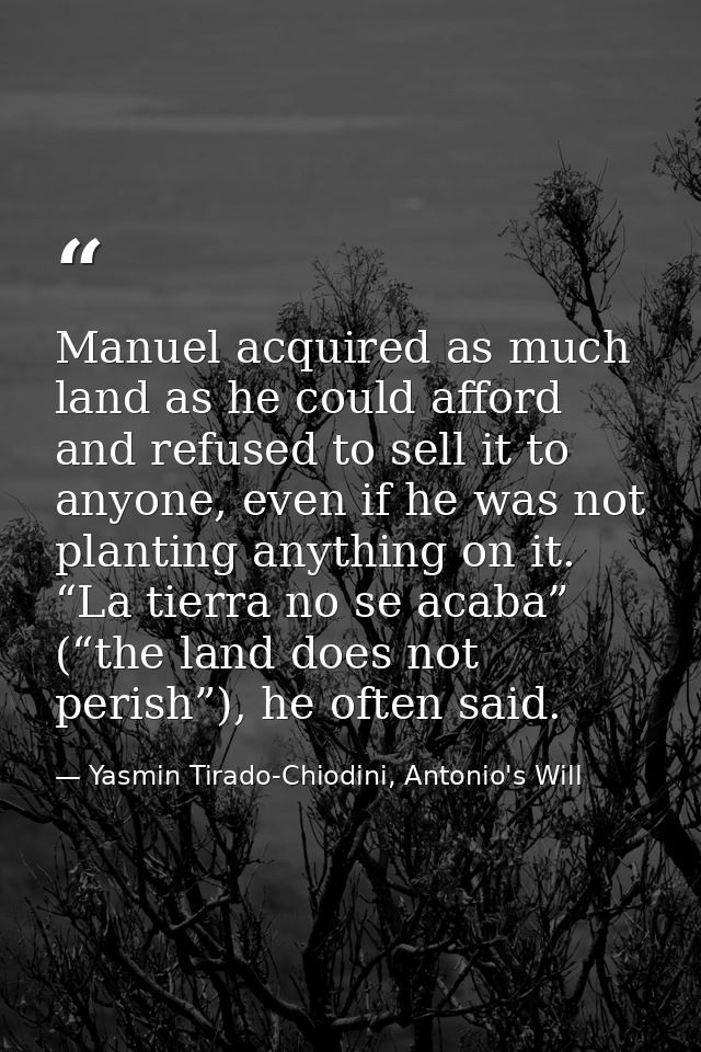 Manuel acquired as much land as he could afford and refused to sell it to anyone, even if he was not planting anything o — Yasmin Tirado-Chiodini, Antonio's Will