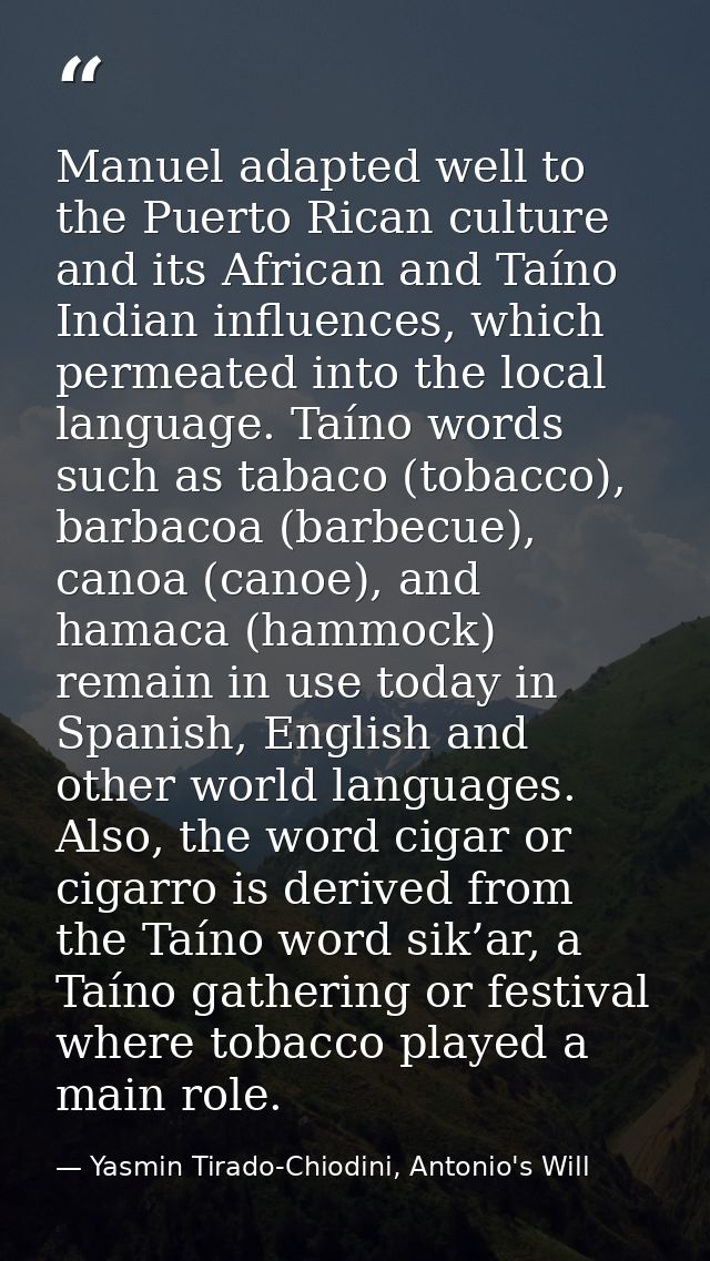 Manuel adapted well to the Puerto Rican culture and its African and Taíno Indian influences, which permeated into the lo — Yasmin Tirado-Chiodini, Antonio's Will