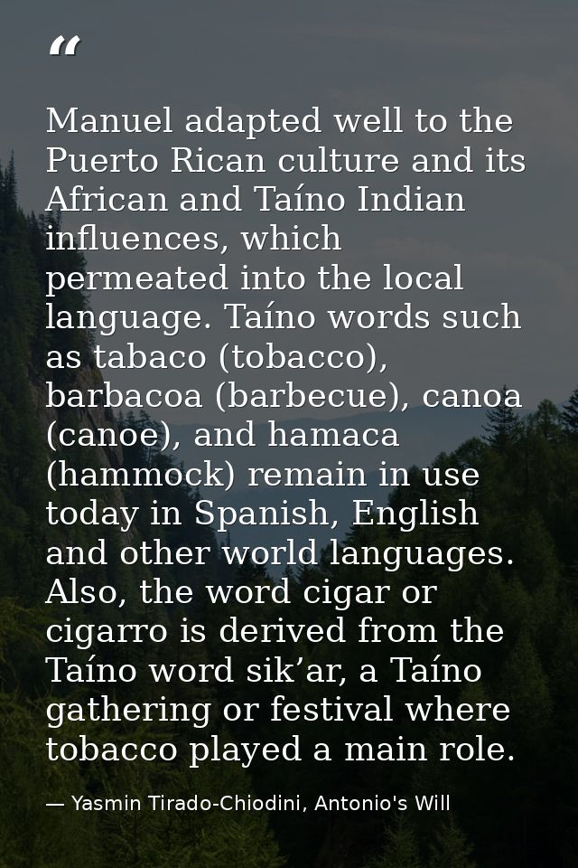 Manuel adapted well to the Puerto Rican culture and its African and Taíno Indian influences, which permeated into the lo — Yasmin Tirado-Chiodini, Antonio's Will
