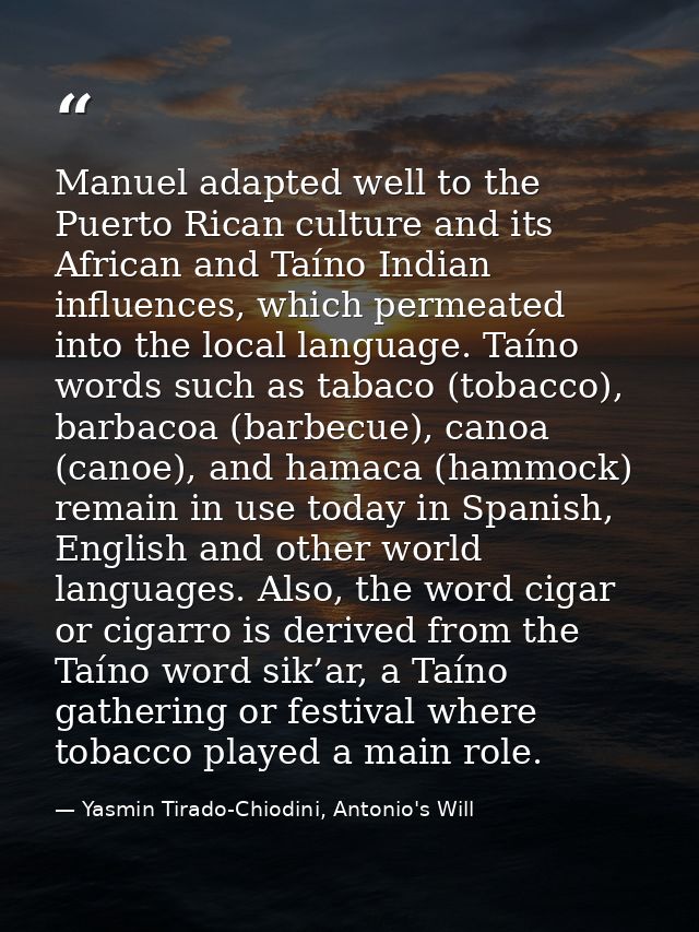 Manuel adapted well to the Puerto Rican culture and its African and Taíno Indian influences, which permeated into the lo — Yasmin Tirado-Chiodini, Antonio's Will
