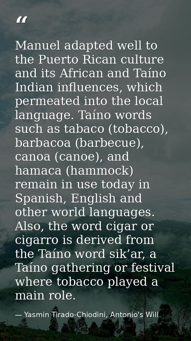Manuel adapted well to the Puerto Rican culture and its African and Taíno Indian influences, which permeated into the lo — Yasmin Tirado-Chiodini, Antonio's Will