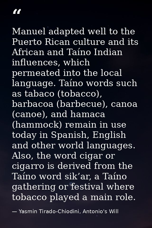 Manuel adapted well to the Puerto Rican culture and its African and Taíno Indian influences, which permeated into the lo — Yasmin Tirado-Chiodini, Antonio's Will