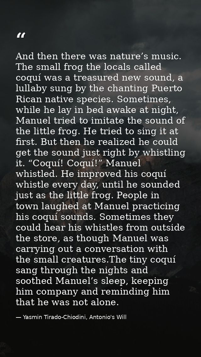 And then there was nature’s music. The small frog the locals called coquí was a treasured new sound, a lullaby sung by t — Yasmin Tirado-Chiodini, Antonio's Will