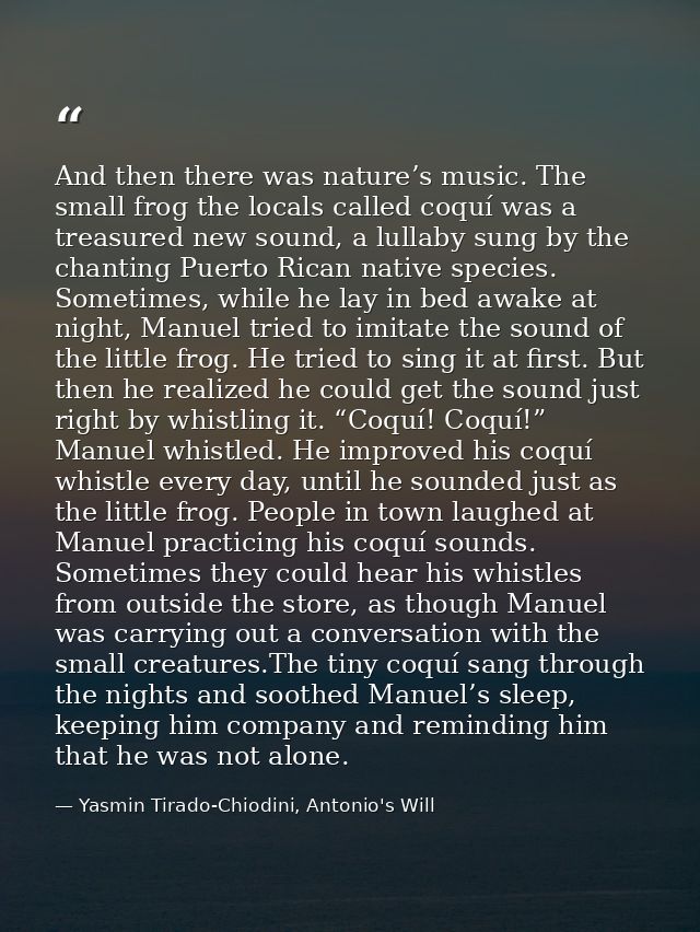 And then there was nature’s music. The small frog the locals called coquí was a treasured new sound, a lullaby sung by t — Yasmin Tirado-Chiodini, Antonio's Will