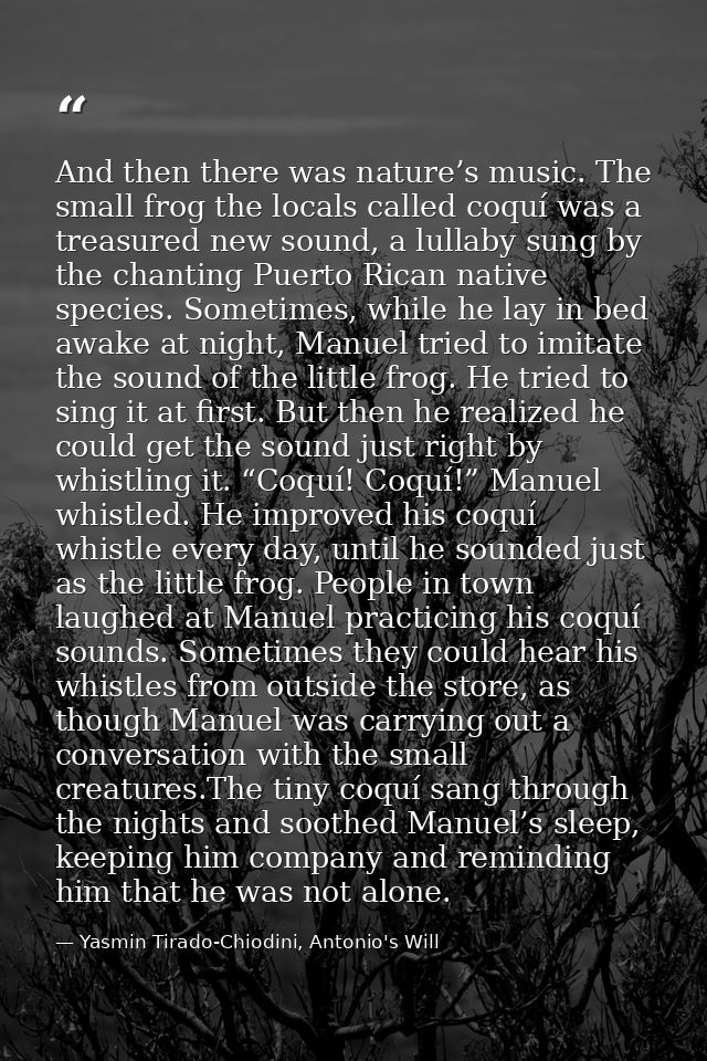 And then there was nature’s music. The small frog the locals called coquí was a treasured new sound, a lullaby sung by t — Yasmin Tirado-Chiodini, Antonio's Will
