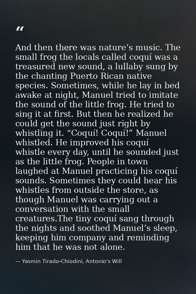 And then there was nature’s music. The small frog the locals called coquí was a treasured new sound, a lullaby sung by t — Yasmin Tirado-Chiodini, Antonio's Will