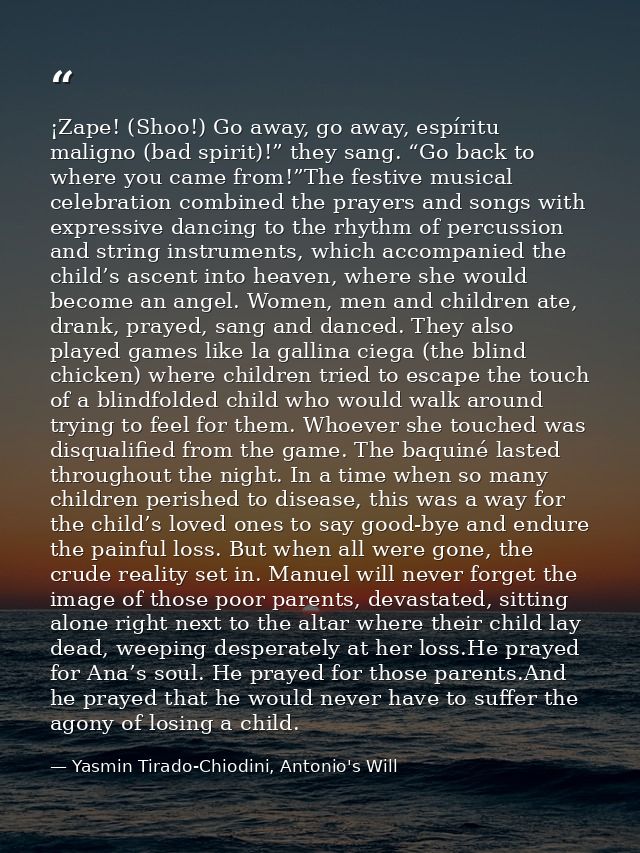 ¡Zape! (Shoo!) Go away, go away, espíritu maligno (bad spirit)!” they sang. “Go back to where you came from!”The festive — Yasmin Tirado-Chiodini, Antonio's Will