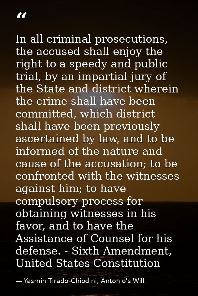 In all criminal prosecutions, the accused shall enjoy the right to a speedy and public trial, by an impartial jury of th — Yasmin Tirado-Chiodini, Antonio's Will