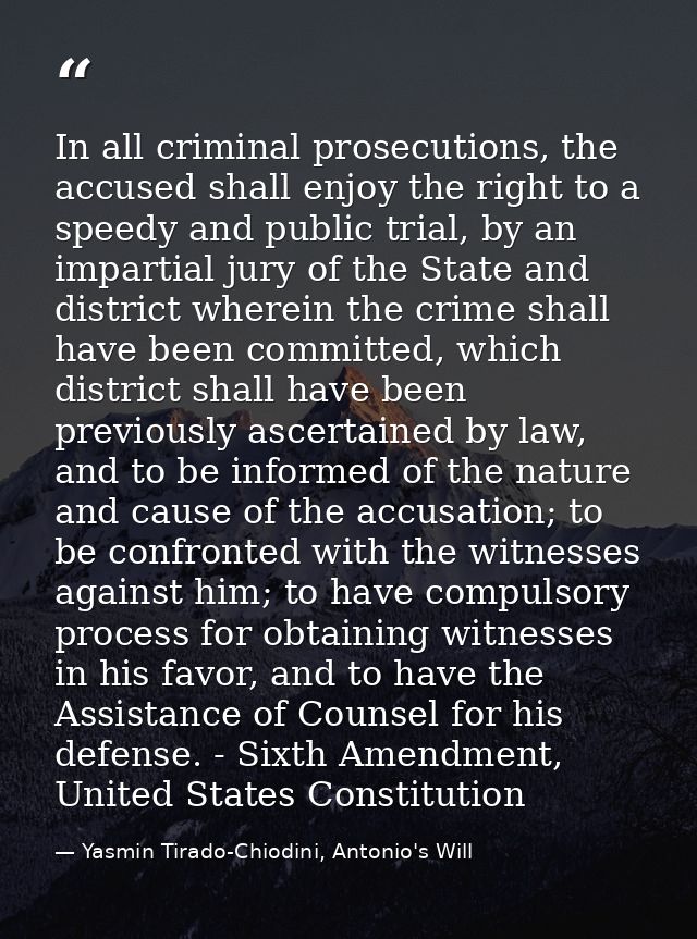 In all criminal prosecutions, the accused shall enjoy the right to a speedy and public trial, by an impartial jury of th — Yasmin Tirado-Chiodini, Antonio's Will